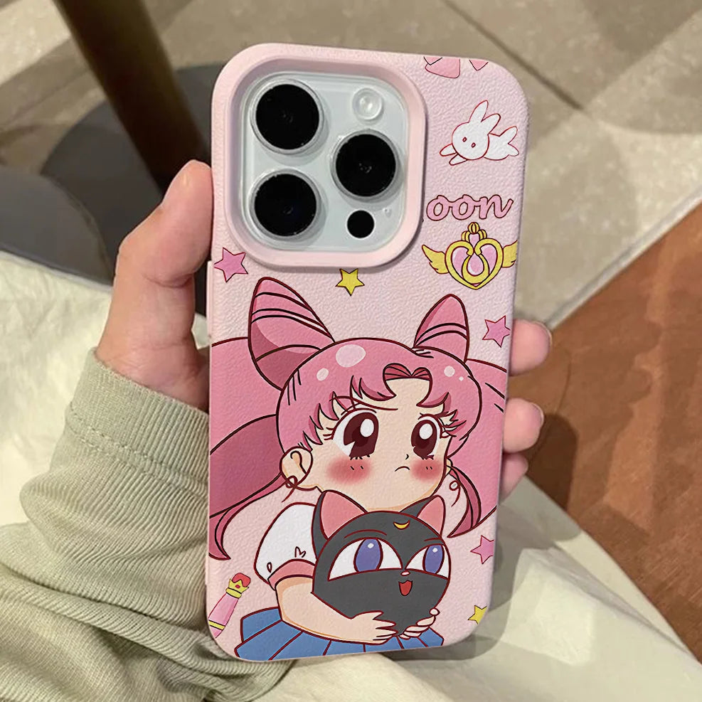 Anime S-Sailors M-Moons Lichee leather pattern Phone Case For iPhone 17 16e 16 15 14 13 12 11 Air Pro Max Plus X XR XSMax
