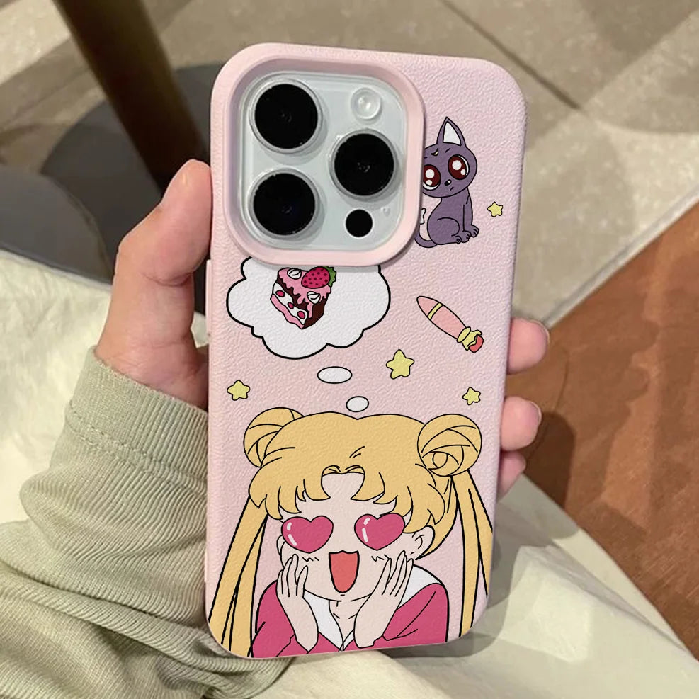 Anime S-Sailors M-Moons Lichee leather pattern Phone Case For iPhone 17 16e 16 15 14 13 12 11 Air Pro Max Plus X XR XSMax