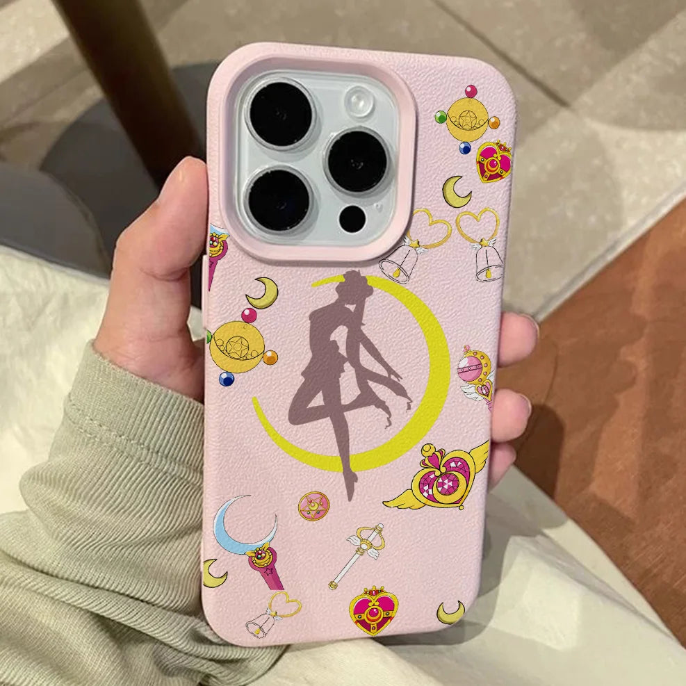 Anime S-Sailors M-Moons Lichee leather pattern Phone Case For iPhone 17 16e 16 15 14 13 12 11 Air Pro Max Plus X XR XSMax