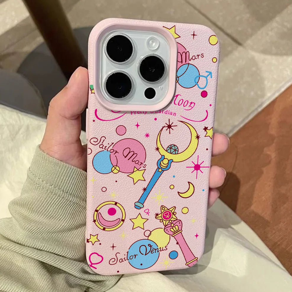 Anime S-Sailors M-Moons Lichee leather pattern Phone Case For iPhone 17 16e 16 15 14 13 12 11 Air Pro Max Plus X XR XSMax